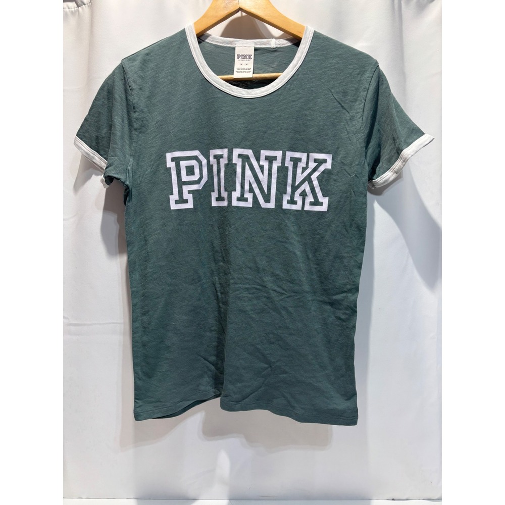 Pink Victoria's Secret Ringer Tee Women Size M Green Short Sleeve Logo Shirt